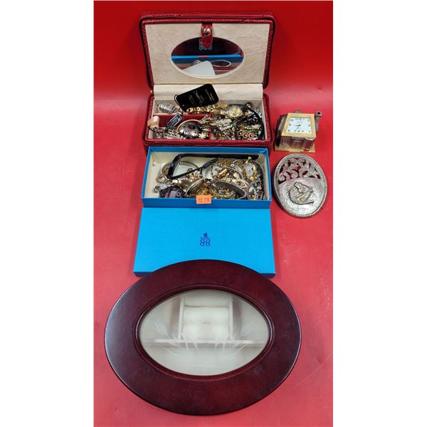 Lot of Assorted Costume Jewelry, Jewelry Boxes, Metal Belt Buckle, & Clock