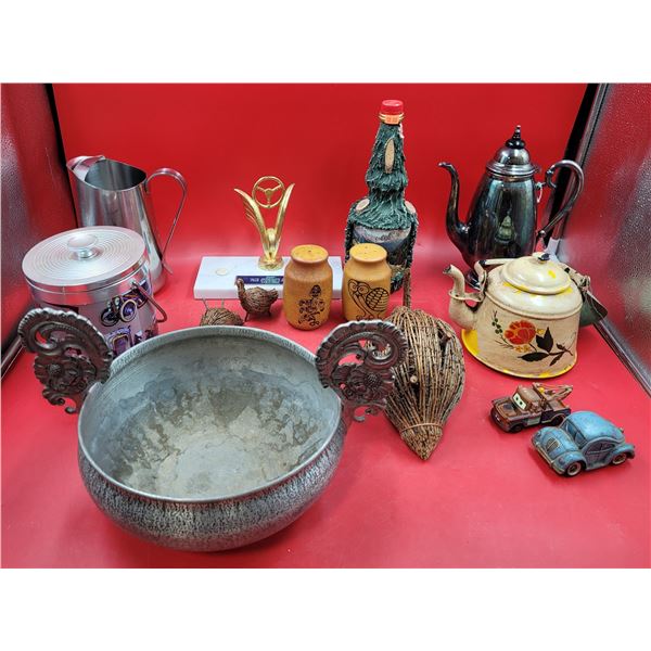 Home & Kitchen Lot w/ Automobile Ice Bucket, Coffee Carafe, Teapot, & More