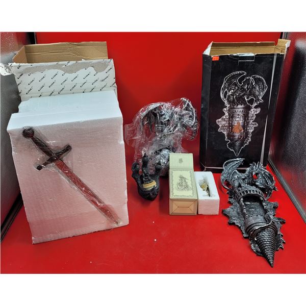 Fantasy Decor Lot w/ Dragon Wall Piece, Dragon Figure, Dagger Replica, & More