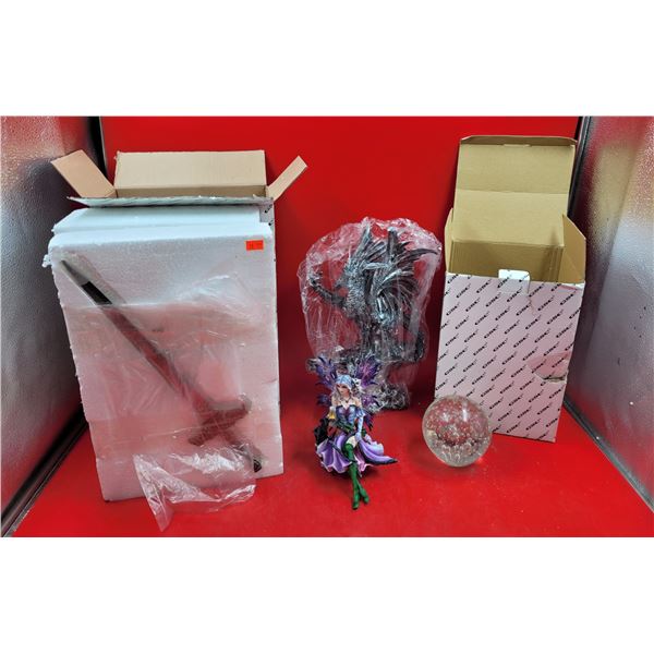 Fantasy Decor Lot w/ Dragon Figure, Dagger Replica, Fairy Figurine, & More
