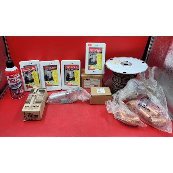 Mostly Hardware Lot w/ Recessed Electrical Boxes, Copper Fittings, Roll of Wire, & More