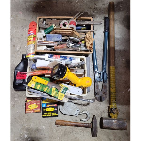 Assorted Tool Lot w/ Bolt Cutters, Sledgehammer, Adjustable Wrench, & More