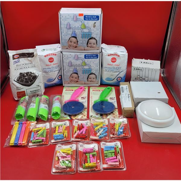 Kitchen & Home Lot w/ Bath Toys, Rogers Sugar, Clothespins, Pizza Cutters, & More