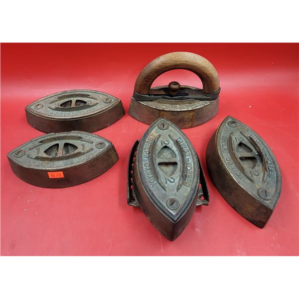 4 VTG Taylor-Forbes Sad Irons Made in Canada & Clothes Iron w/ Wooden Handle