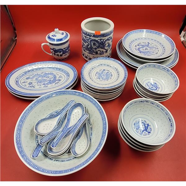 Lot of Assorted Chinese Blue Dragon Dishes w/ Bowls, Plates, Soup Spoon, & More