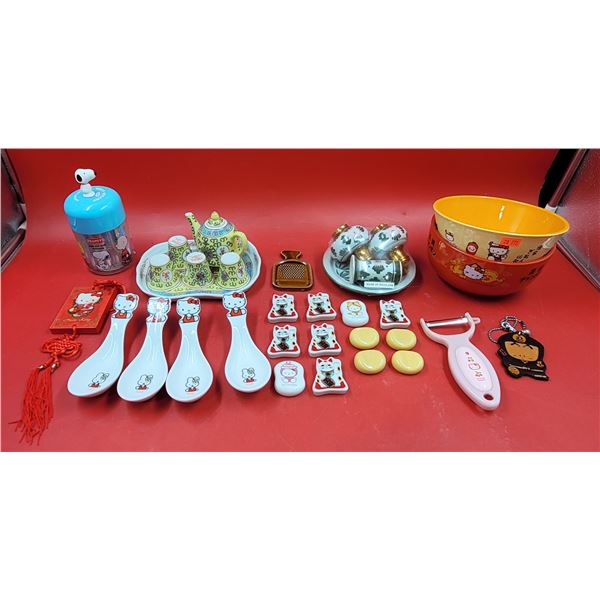 Asian Kitchen & Home Lot w/ Hello Kitty Bowls, Hello Kitty Spoon Rests, Tea Set, & More