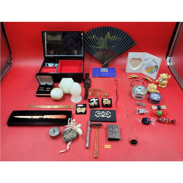 Collectibles Lot w/ Glass Candy Sculptures, Asian Fan, Moschino Emblems, & More
