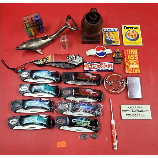 Smalls Lot w/ Ford/Chevy Knives, Pepsi-Cola Magnet, Bad Ass Gum, & More