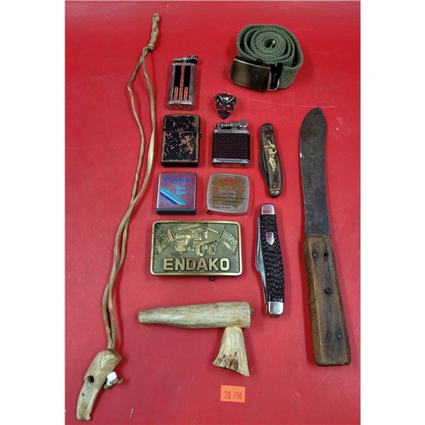VTG Smalls Lot w/ Lighters, Knives, Antler Pipe, & More