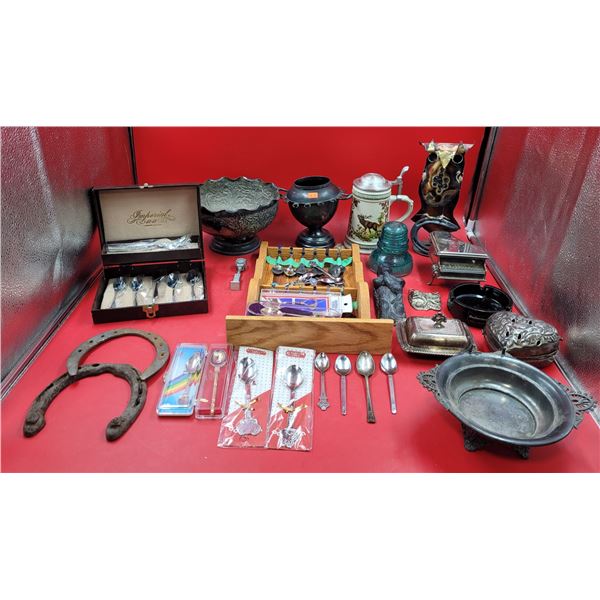 VTG Collectibles Lot w/ Horseshoes, Blue Glass Insulator, Deer Stein, & More