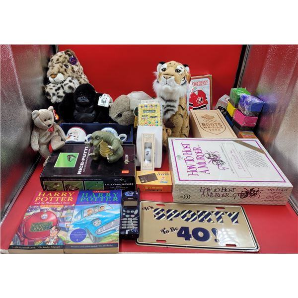 Toy, Book, & Game Lot w/ How to Host a Murder, Stuffed Animals, Harry Potter Books, & More