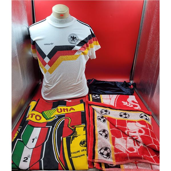Sporting Good & Apparel Lot w/ 1990s Adidas Germany Football Shirt, Soccer Towel, & More