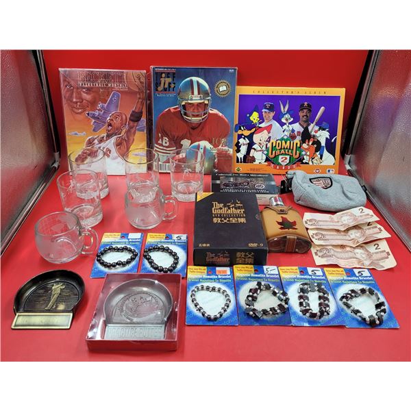 Collectibles Lot w/ Etched Glasses, Looney Tunes x Baseball Cards, Canadian $2 Bills, & More