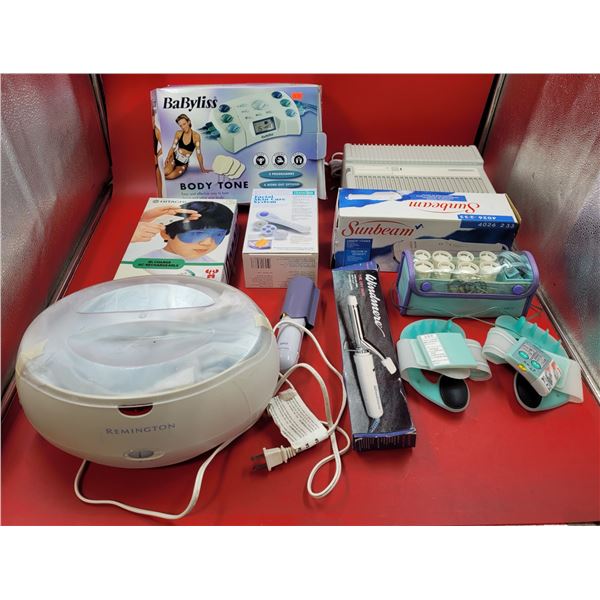 Health & Beauty Lot w/ Sunbeam Garment Steamer, Curling Iron, Babyliss Body Toner, & More
