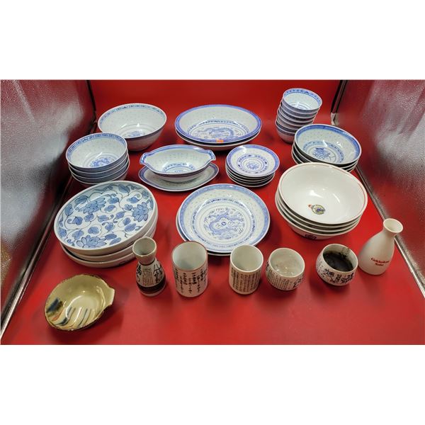 Lot of Assorted Asian Dishes w/ Blue Dragon Dishes, Sake Bottle, Bowls, & More