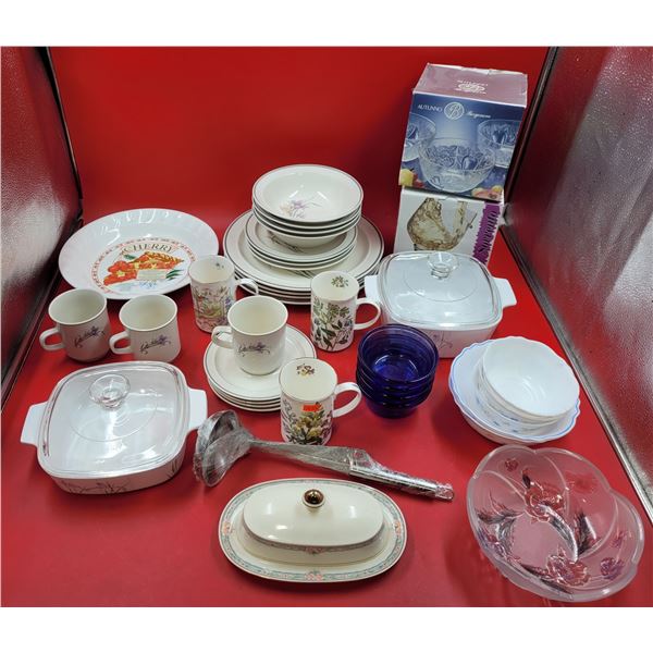 Kitchen Lot w/ Corning Ware Casserole Dishes, Floral Mugs, Butter Dish, & More