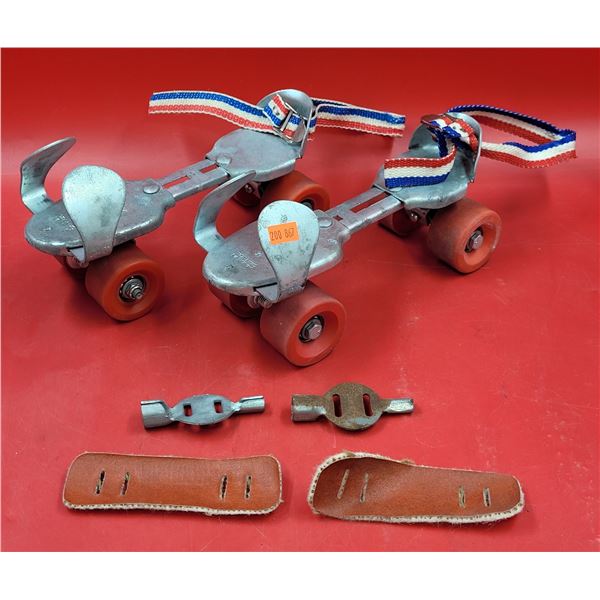 Pair of VTG Adjustable Metal Roller Skates Made in Canada w/ Accessories