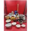 Image 1 : VTG Kitchen Lot w/ Dickinson's Gravy Tin, Pixie Elf Chef Recipe Box, & More