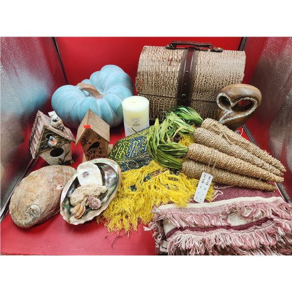 Home Decor Lot w/ Wicker Carrots, Large Seashells, Birdhouses, & More