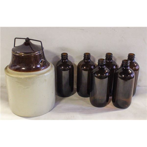 ANTIQUE STONEWARE CROCK WHISKEY JUG &