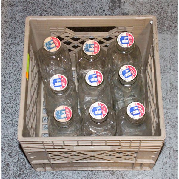 VINTAGE 9 MILK BOTTLES, LIDS & CRATE