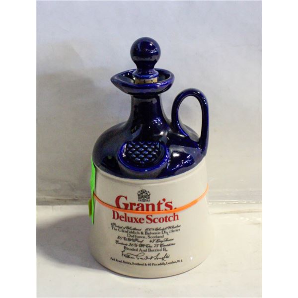 VINTAGE GRANTS DELUX WHISKEY STONEWARE JUG EMPTY