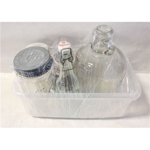 BOX OF VINTAGE BOTTLES: JAR W/METAL LID;