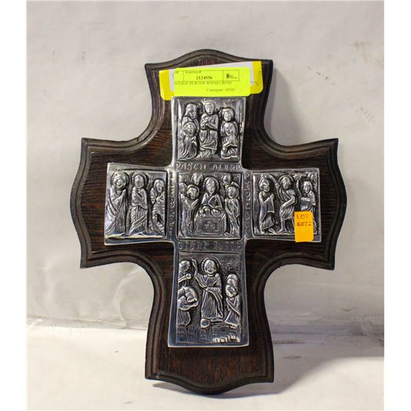 VINTAGE PEWTER WOOD CROSS