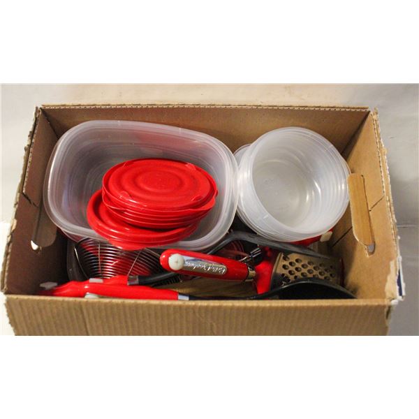 COLLECTION OF RUBBERMAIDS WITH KITCHEN UTENSILS