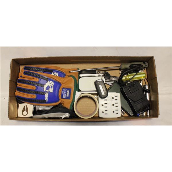 FLAT WITH VARIOUS TOOLS, NEW WORK GLOVES,