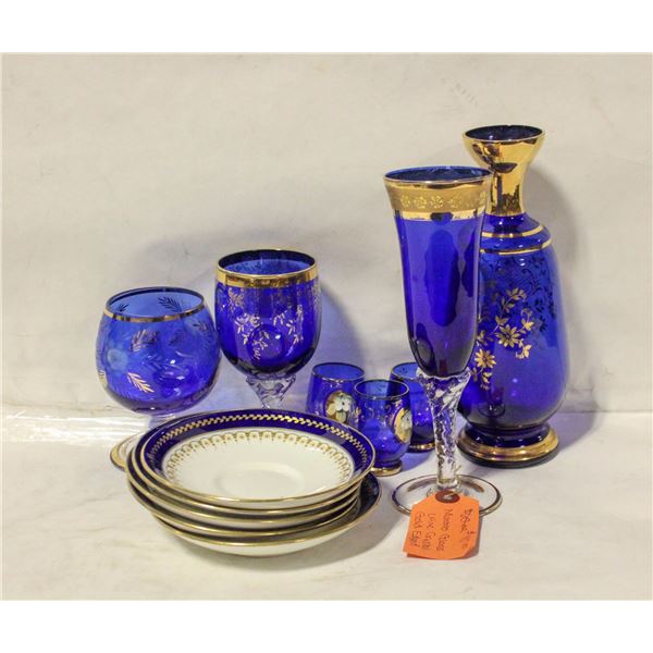 LOT OF BOHEMIAN CZECH COBALT BLUE GOLD TRIMMED