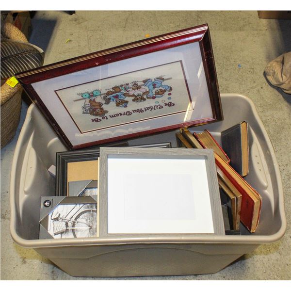 TOTE OF PICTURE FRAMES SOLD W. SOME ANTIQUE BOOKS