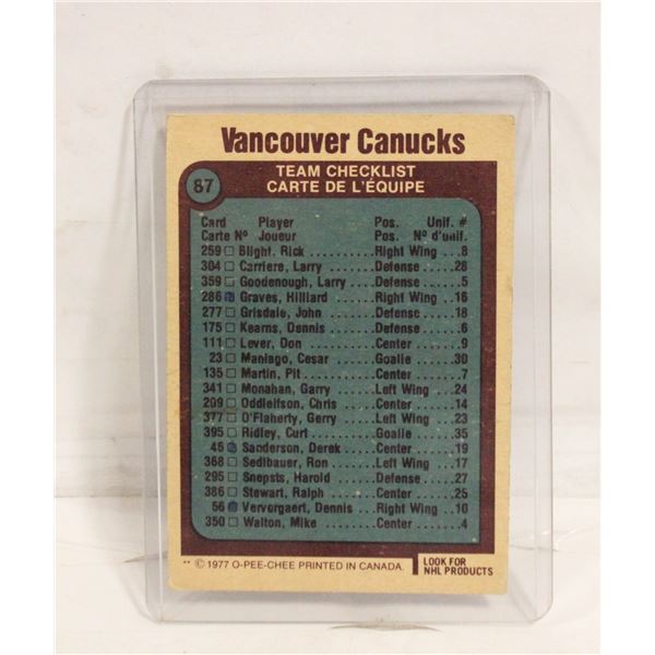 1977 VANCOUVER CANUCKS O-PEE-CHEE