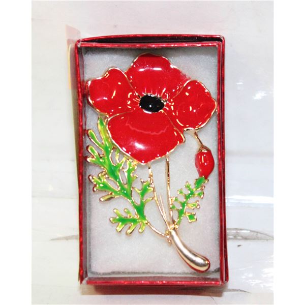 NEW POPPY FLORAL BROOCH RED ENAMEL