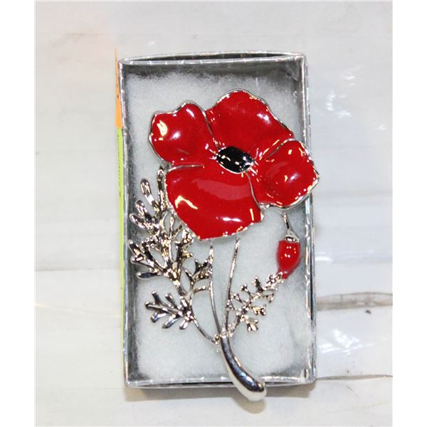 NEW FLORAL BROOCH RED ENAMEL SILVERTONE