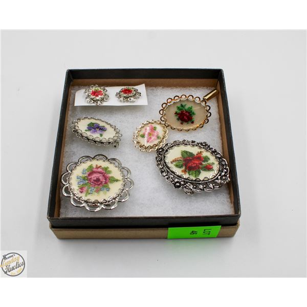 VINTAGE 5 PETITE POINT BROOCHES