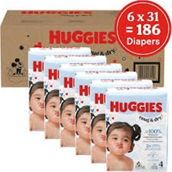 NEW W BOX 6 X 31 DIAPERS HUGGIES SNUG & DRY SIZE 4