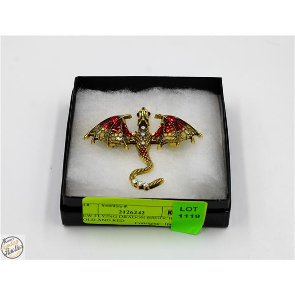 NEW FLYING DRAGON BROOCH GOLD AND RED