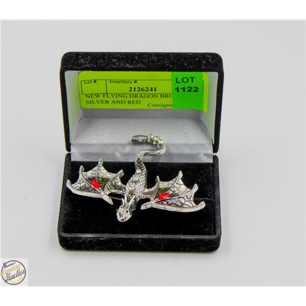 NEW FLYING DRAGON BROOCH SILVER AND RED