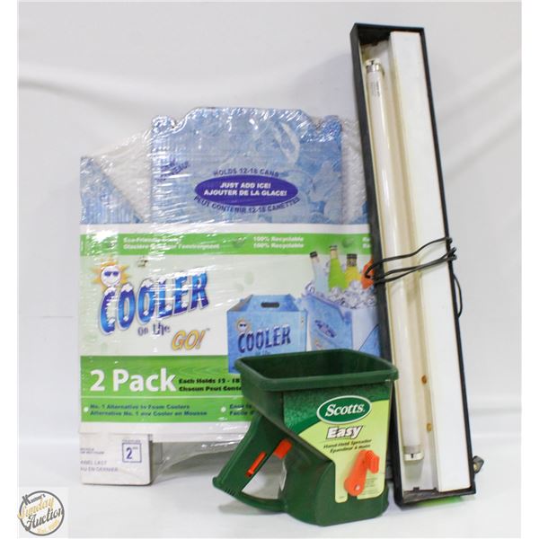 TWO CARDBOARD COOLERS SOLD WITH SCOTTS SEED