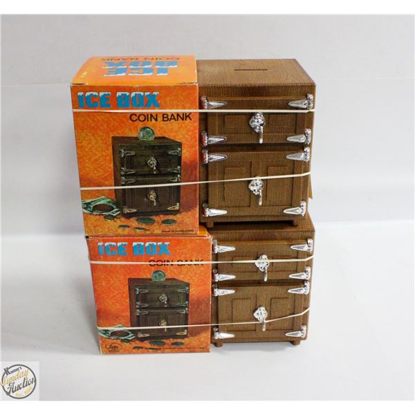 TWO VINTAGE ICE BOX REPLICA COIN BANKS/BOX