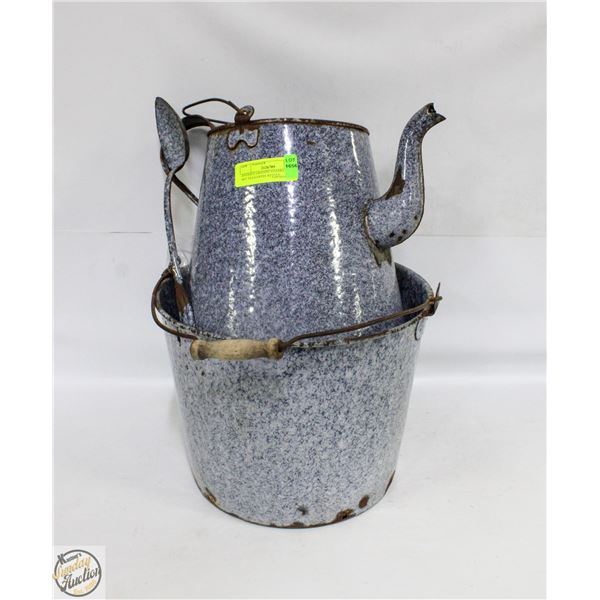 ANTIQUE GRANITE ENAMEL WARE SET TEA/COFFEE KETTLE,