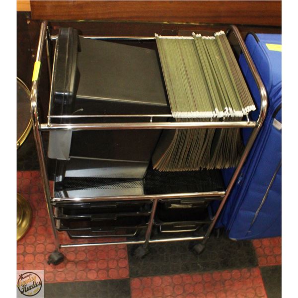 WHEELED OFFICE FILE RACK W/FOLDERS & EXTRA STORAGE