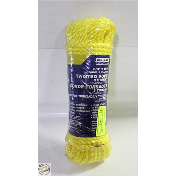 NEW 100'X3/8" TWISTED 3 STRAND ROPE