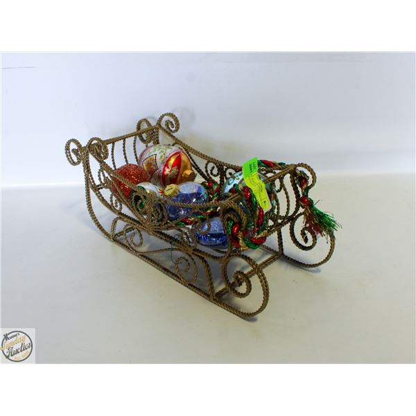 METAL SLEIGH FILLED W/VINTAGE BEADED/HAND