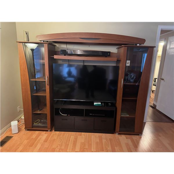 Entertainment stand two side cabinets and top part approximately 90 inches wide