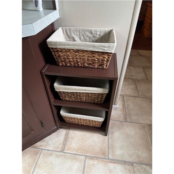Shelf with baskets measures 16" x 11" x 22 1/2" tall