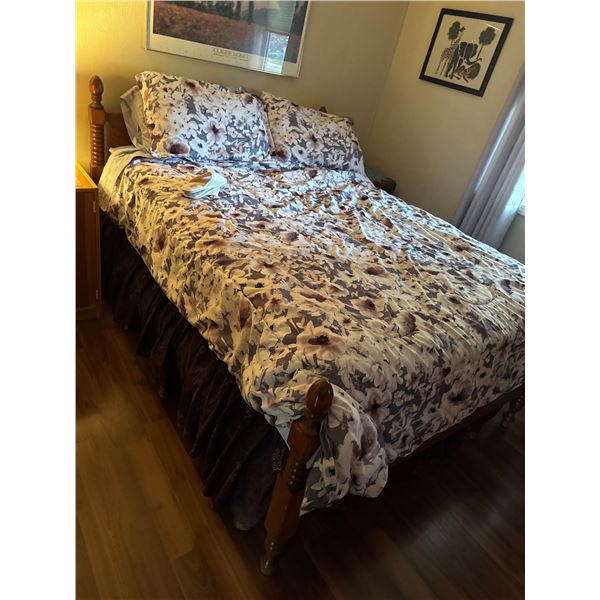 Double headboard, footboard mattress, boxspring, and bedding