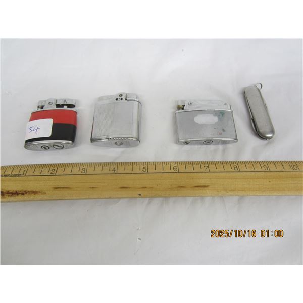 Lot of 3 Vintage Lighters and One Pocket Knife