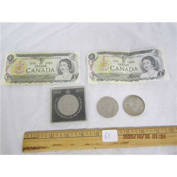 Lot of 3 Vintage Tokens and 2 Canadian One Dollar Bills